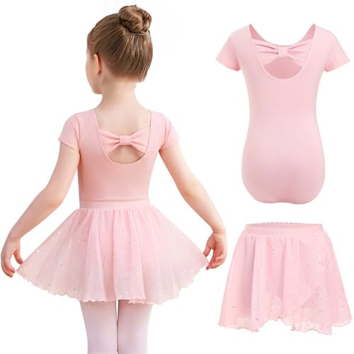 Eisnnu Vestiti da Balletto per Ragazze Body Danza Ginnastica Maniche Corte Bambina con Gonna Scintillante Chiffon Rimovibile 2-11 Anni (IT, Numero, 140, Regular, Rosa)