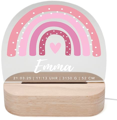 DEL MÀ Unique & Personal Regenbogen Nachtlicht Baby personalisiert Babyzimmer Kinder Deko Kinderzimmer Nachtlampe Mädchen Jungen Kinderlampe Inkl. Holzfuß & Netzteil (Rosa)