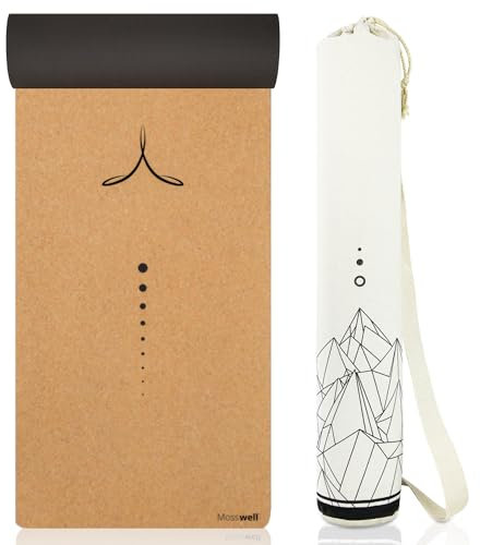 Mosswell Premium Kork-Yogamatte (4mm dick) - Rutschfeste Fitnessmatte mit Hilfslinien - Pilatesmatte + Yogatasche (Trinity)