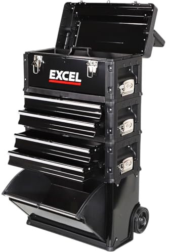 Excel Mobile Cabinet Tool Storage Box 4 Drawer Garage Tool Chest with Wheel, Polypropylene Wheels for Easy Transport, Handle, Strong Metal Latches, Splits into 4 Seperate Toolbox