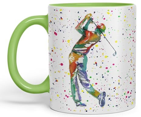 Vixar Golfer Golf Sport Watercolour Hobby Ceramic Coloured Mug Cup for Tea Coffee Hot Brew 330ml 11Oz Gift (L Green)