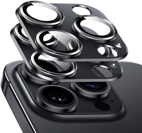 FDHYFGDY 2 pezzi Lente Fotocamera Protezione per iPhone 16 Pro/iPhone 16 Pro Max Pellicola Fotocamera, Copertura Totale 9H Vetro Temperato Anello Cover, Piastra in Metallo Opaco (Nero)