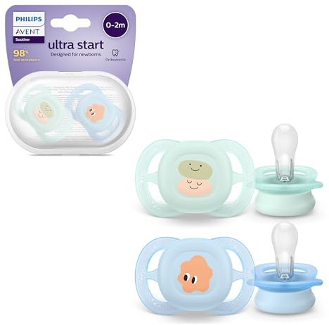 Philips AVENT Ultra Start Schnuller, kiefergerecht geformter Schnuller für Neugeborene, BPA-frei, mit Sterilisations-,Transportbehälter, Doppelpack, grün,blau, Modell SCF075/04