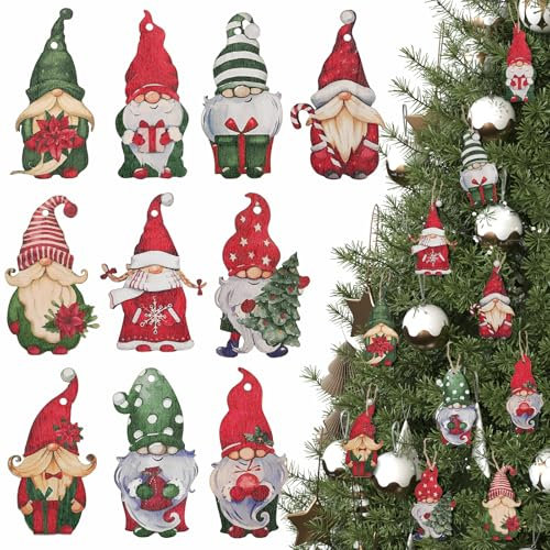 GWHOLE 20 Stück Weihnachten Anhänger Zwerg aus Holz, Weihnachtswichtel hängende Dekorationen Set Weihnachtsmann Holzanhänger Weihnachtszwerge Ornamente Weihnachtsbaum Deko mit Schnur, Multi-Muster