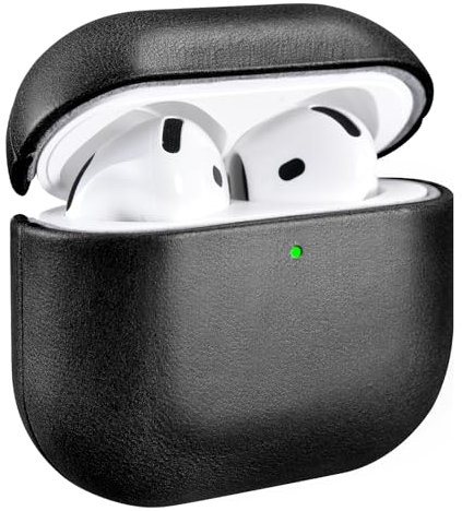 ICARER Premium Genuine Leather Shockproof Protective Case Cover for Apple AirPods 4 Earphones Charging Case (LED Visible) Support Wireless Charger - Black
