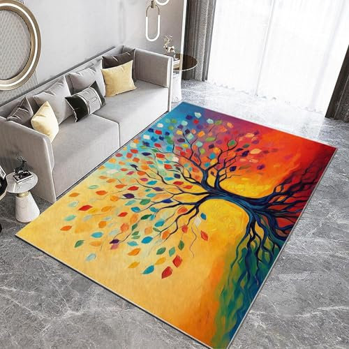 Teppich Ölgemälde Lebensbaum Wohnzimmer Teppich 60 x 90 cm rutschfest Modern 3D Effekt Teppich für Flur, Schlafzimmer, Flanell Teppich Geeignet für Wohnkultur