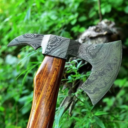 Wikinger-Axt, Damast-Stahl 1095-4340, funktionell handgefertigt, Holzgriff mit Klingenscheide, 17 Zoll, für Heim und Garten - Jagd, Camping, Outdoor, Materialkunst-Axt