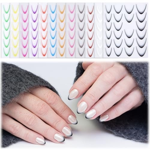 12 Sheets Gradient French Nail Stickers, Colorful Stripes Decals Rainbow Curved Lines Art Stylish Self Adhesive Tips Guides Manicure Accessories for DIY Decorations