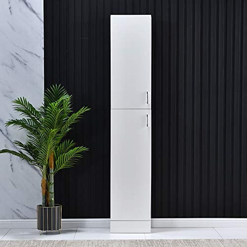 Tall Bathroom Cabinet, Narrow High Gloss Storage Tallboy Cupboard with 2 Doors 4 Shelves, Free Standing Slim Storage Cabinet Tallboy Unit (White)