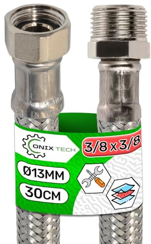 Panzerschlauch 30 cm Innengewinde 3/8 x Außengewinde 3/8 zoll DN8 DE13 - Flexschlauch Hergestellt aus Edelstahl Temperatur max 70°C Betriebsdruck 10 bar - Garantie 5 Jahre - ONIX TECH