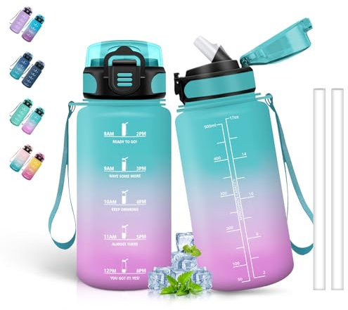 Gourde, 500ml Gourde Enfant, Gourde Paille, Anti-Fuite, Gourde Graduée pour 1 Journee, Facile à Nettoyer, Gourde Graduée avec Slogan de Motivation, Bouteille d'eau pour l'École, Voyage, Vert-Rose