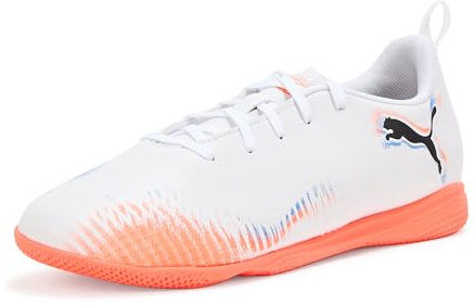 PUMA Unisex-Child Future Play Indoor Training Soccer Shoes, White-Black-Glowing Red AH25, Big Kid 6