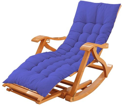 JKJZSALJ Chaise Longue, Sedia a Dondolo in bambù per Balcone, sedie da Giardino Pieghevoli per Anziani, Sedia a Sdraio con Schienale Regolabile a più Livelli, materassino in Coton，Blue