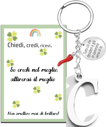 MKISHINE Schlüsselanhänger Anfangsbuchstabe A-Z mit rotem Horn - Motivationsgeschenk mit Anhänger und Karte des Gesetzes der Anziehung Geschenk Damen Herren Geburtstag Glücksbringer Schlüsselanhänger