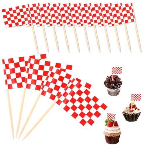 96 PCS Checkered Racing Flags, Red White Toothpicks Flags Cupcake Toppers Small Checkered Mini Stick Cake Toppers Flag for Food Bar Monster Truck Party Decoration
