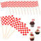 96 PCS Checkered Racing Flags, Red White Toothpicks Flags Cupcake Toppers Small Checkered Mini Stick Cake Toppers Flag for Food Bar Monster Truck Party Decoration