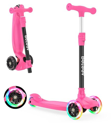 BELEEV A3 Roller Kinder 3 Jahre, 3 Räder Scooter Kinder mit LED Leuchtende Räder, 5 Höhenverstellbare, Lean to Steer, Rutschfestes Deck, Premium Kinderroller 3-12 Jahre Mädchen Jungen, Dreiradscooter