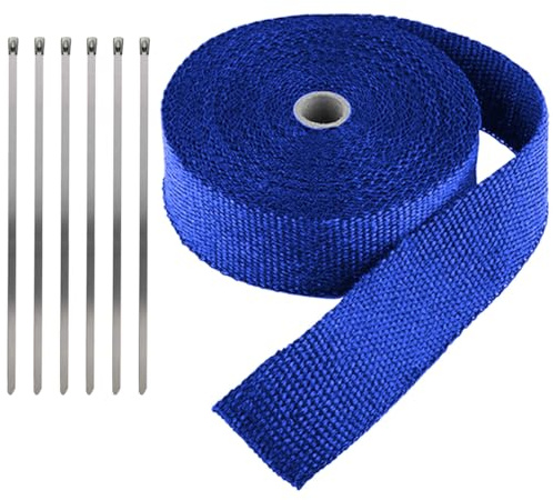 LKRXW Cinta Anticalorica Para Escapes Cinta Aislante Térmica Coche | Fibra de Vidrio Banda Aislante Anti Calor Protección Tubo Colector Escape Azul 5CM X 10M con 6 Bridas