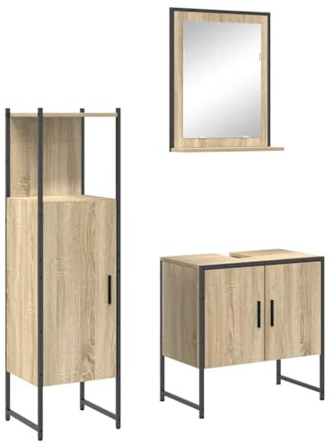 vidaXL 3-teiliges Badezimmermöbel Set Hellholz; modernes Waschtisch-Einheit, Hoher Schrank & Wandspiegel mit Regal; perfekt für Stauraum