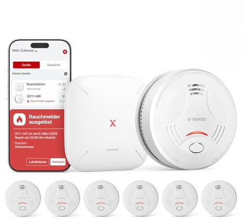 X-Sense Smart-Rauchmelder WLAN mit Magnethalterung, Rauchmelder vernetzt, App-Steuerung, mit Basisstation SBS50, funkvernetzter Feuermelder, SD11-MR61, 6 Stück