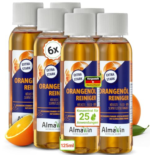 AlmaWin® Orangenöl Reiniger EXTRA STARK [6x 125ml] ideal als starker Allesreiniger & Fettlöser - Veganes Orangenreiniger Konzentrat mit fruchtigem Duft - Besonders ergiebiger Orangenölreiniger