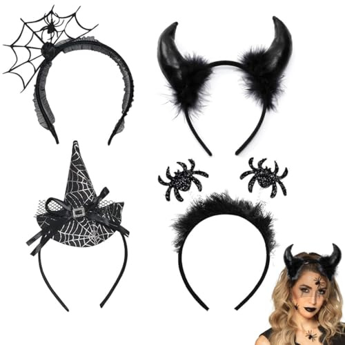 EIHI 4 Stück hexenhut damen, Halloween haarreif, Teufelshörner haarreif, Hexenhut haarreif