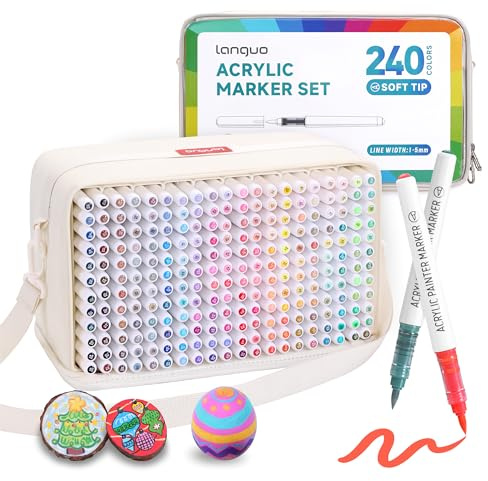languo 240 Colours Acrylic Paint Markers, Brush Tip, Direct Liquid Ink | Water-Based Acrylic Paint Pens, Fast-Drying & No-Bleed Ink, Portable Storage Bag, Ideal for Fabric, Rock, Wood, DIY Crafts