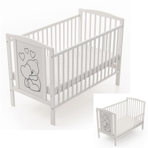 Generisch 2-in-1 Babybett Timmi 60x120 mit Teddybärenherzchenmotiv aus Buchenholz inkl. Umbaukit & Matratze