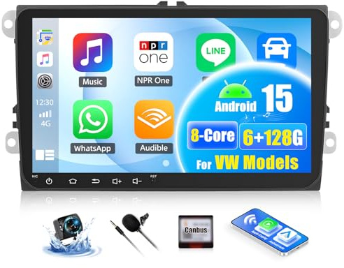 OiLiehu 6G+128G 8-Core Android 15 Car Stereo for VW Passat Golf Seat POLO Leon Tiguan with Wireless CarPlay Android Auto, 9'' Touchscreen with WiFi GPS Bluetooth Mirror Link FM RDS EQ SWC USB Camera