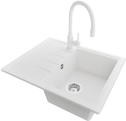 PRIMAGRAN Granitspüle ab 40er Unterschrank + Küchenarmatur, 62x50cm | Set: Küchenarmatur BW6020 + Ablauf-Set (Siphon, Ablaufgarnitur, Überlauf) + Spülbecken 1 Becken - Mailand, Weiß