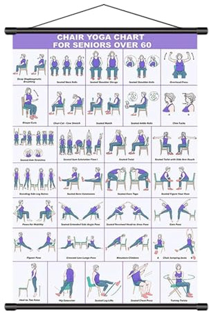 Yoga-Tafel auf Stuhl für Senioren – mehrere Körperhaltungen, Wandhalterung, faltbar, Poster für Übungen auf Stuhl und Pilates – für Menschen ab 60 Jahren, Dehnungsübungen