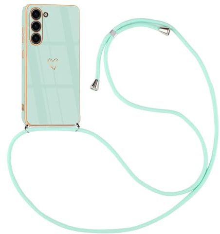 HomiTunky Handykette Hülle kompatibel mit Samsung Galaxy A40 mit Band - Ultra dünn Kameraschutz Herz Love Design Galvanik TPU Silikon Schutzhülle Kordel zum Umhängen, Grün