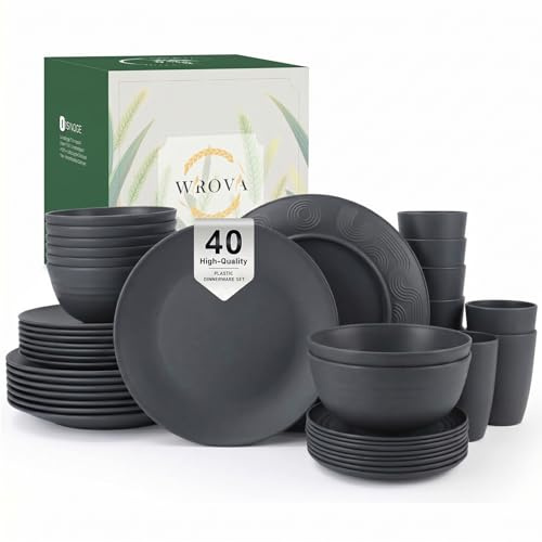 Wrova Reusable Plastic Dinner Set 40 PCS Plates and Bowls Set Unbreakable Dishes Set - Service for 8 Microwave and Dishwasher Safe Plates Set for Kitchen, Camping, School - Dark Grey