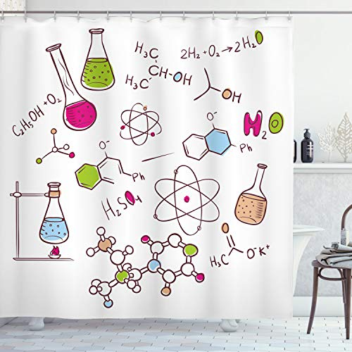 ABAKUHAUS Lehrreich Duschvorhang, Doodle Stil Atom, Waserdichter Stoff mit 12 Haken Set Dekorativer, 175 x 200 cm, Grün Blau Rosa