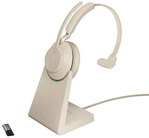 Jabra Evolve2 65 Wireless PC Headset with Charging Stand – Noise Cancelling UC Certified Mono Headphones with Long-Lasting Battery – USB-A Bluetooth Adapter – Beige