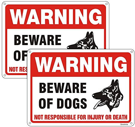 Goodvia Beware of The Dog Sign Aluminum 7 x 10 Inches, 2 x Beware of The Dog Metal Signs Outdoor Reflective Beware Dogs Sign with 4 Pre-Drilled Holes, Rust Free Weatherproof Indoor and Outdoor Use