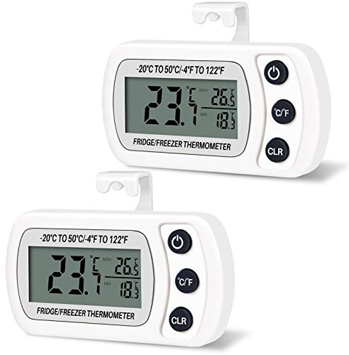 Thlevel Kühlschrank Thermometer Wasserdicht Digital Gefrierschrank Zimmerthermometer 2 Stücke mit Haken LCD Display lesen Max Min Funktion Weiß