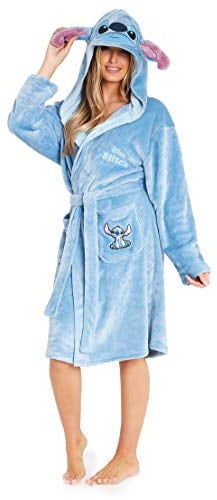 Disney Lilo & Stitch Bademantel Damen, Morgenmantel Damen Stitch, Fleece Bademantel mit Kapuze, Hausmantel Damen und Teens S-XL (XL, Blau)