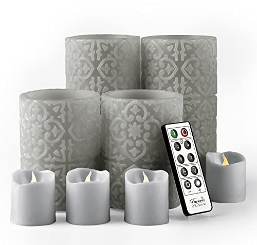 FURORA LIGHTING LED Flameless Candles with Remote Control, Set of 8, Real Wax Battery Operated Pillars and Votives LED Candles with Flickering Flame and Timer Featured - Grey Rome