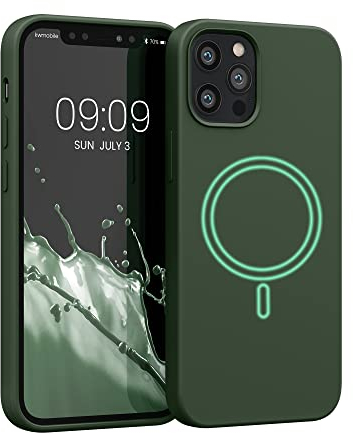 kwmobile Hülle kompatibel mit Apple iPhone 12 / iPhone 12 Pro Hülle - magnetisches Silikon Case kompatibel mit MagSafe - Cover gummiert Dunkelgrün