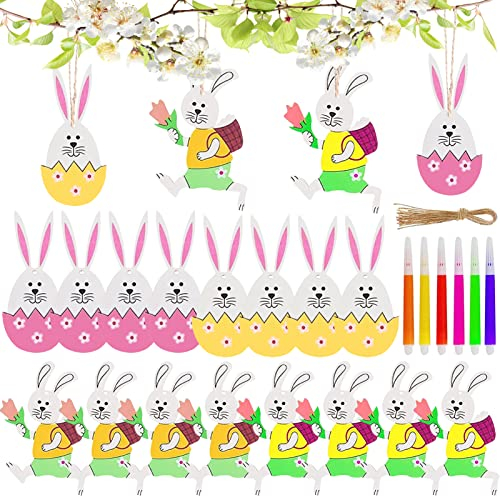Leeelyan Osteranhänger Hase Holz,20 Osterdeko Holzhasen mit 6 Aquarellstift Stift und 20 Hanfseil,Osterhase AnhäNger,Oster Deko Aus Holz,Osterhasen zum Aufhängen Holz für Ostern Frühling