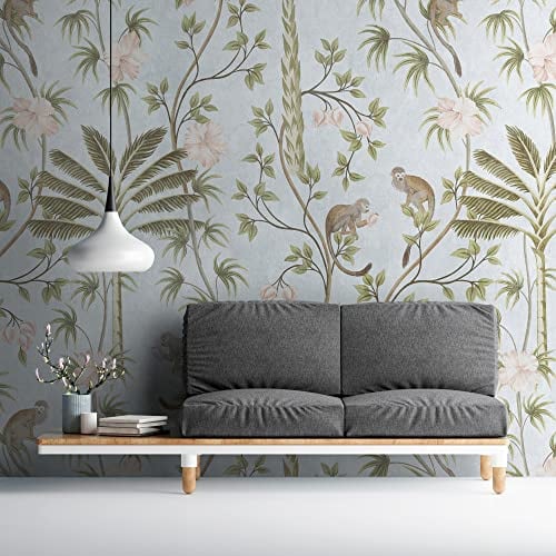Livingwalls Vliestapete - Tapete Palmen Dschungel Affen in Grün, Türkis und Grau - Wandtapete für verschiedene Räume - Wandbild XXL 159 x 280 cm