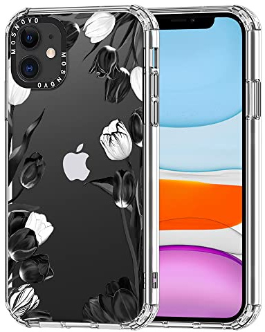 MOSNOVO für iPhone 11 Hülle – Durchsichtige, schlanke, stoßfeste TPU+PC-Handyhülle, [6,6 Fuß Fallschutz/Anti-Abziehen] - Schwarz-weiße Tulpen