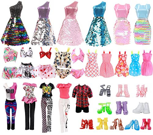 SPOKKI Puppenkleidung Kleidung für Puppen, Kleidung Zubehör Hochzeit Party Abendkleider für Puppen, Glitzer Paillettenkleid Kleider, Schuhe, Bademode (17 Stück)