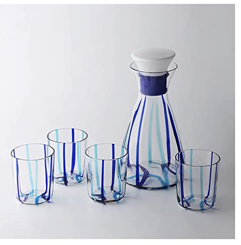 EVSER Iced Tea Jug Glas KALTER Kessel mit 4 Tassen Klarer kaltem Wasser-Krug-Saft-Getränke-Pitcher-Home-Trinkwasser-Wasser-Flaschen-Sets mit Deckel Juice Pitcher (Color : Blauw)