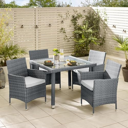 Furniturebox 4 Seat Rattan Outdoor Dining Set - Grey & Grey Cushions - Set of 4 Chairs & Square Glass Top Table, 100x100cm - Barbados Collection