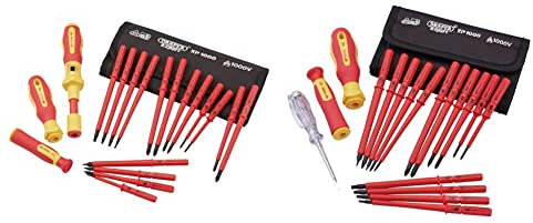 Draper 81762 XP1000 VDE Interchangeable Torque Screwdriver Set (19 Piece),Red and Yellow & 05776 Ergo Plus Blade Screwdriver Set (18 Piece), Red and Yellow