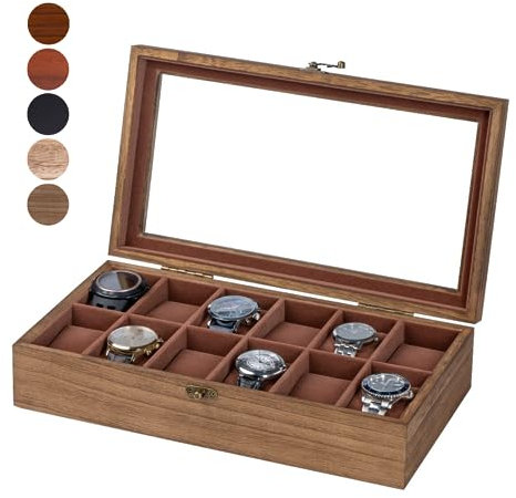 Exper City Uhrenbox für Damen und Herren – Großer Glasdeckel, Aufbewahrungsbox aus Holz mit 12 Fächern, Retro-Burlywood-Organizer