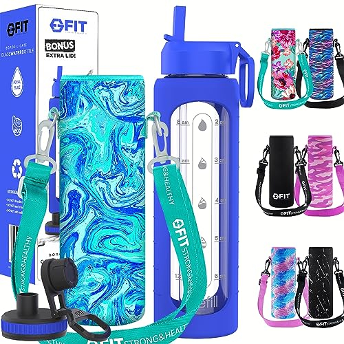 Borraccia in vetro da 907,2 ml, con coperchio per cannuccia, indicatore del tempo, manica, coperchio extra e portabottiglie con cinturino, motivazionale, bocca larga, bottiglia in vetro da 1 l