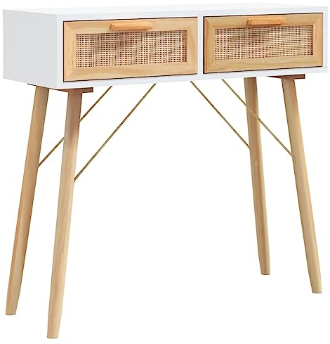 vidaXL Konsolentisch Konsole Beistelltisch Flurtisch Ablagetisch Wohnzimmer Tisch mit Schubladen Weiß 80x30x75cm Massivholz Kiefer Natur-Rattan